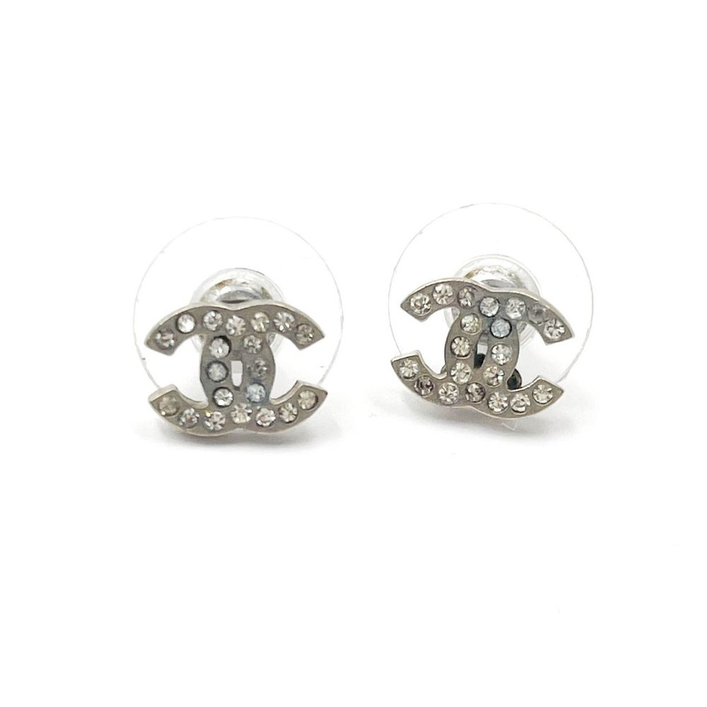 Chanel Classic Silver CC Crystal Small Piercing Earrings